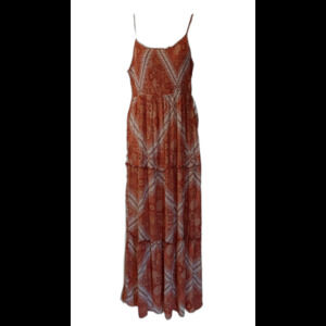 Gypsy & Jade Salmon/White Smocked High Waist Ruffled Tiered Boho Summer Dress, M